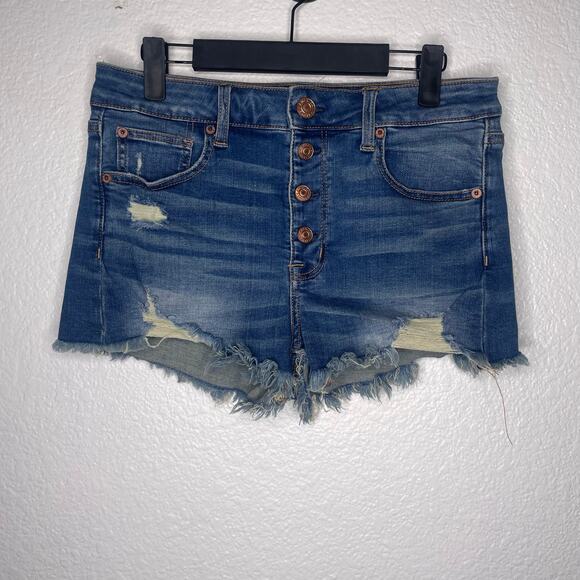 American Eagle Womens Shorts Size 8 Hi Rise Shortie Denim Blue Button Fly - Picture 1 of 14